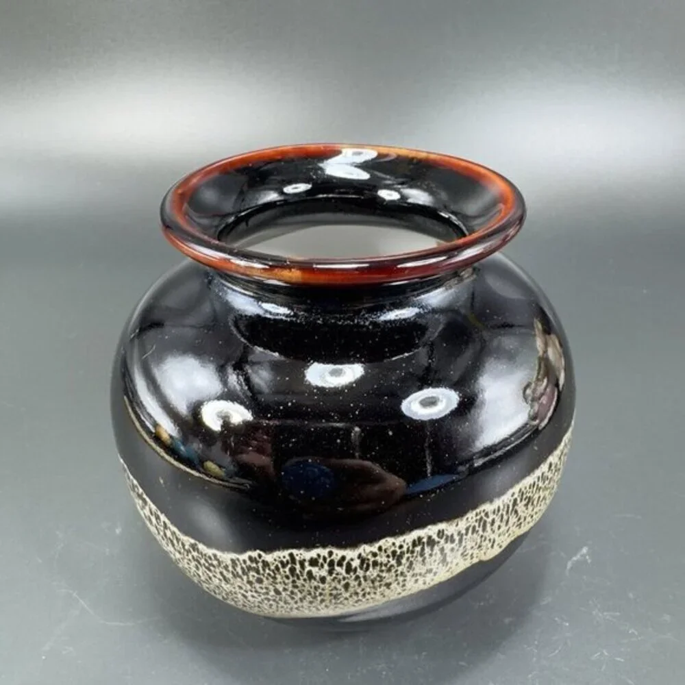 Vintage 1980s Speckled Drip Glaze‎ Pottery Round Bottom Vase Vessel Marked VTG